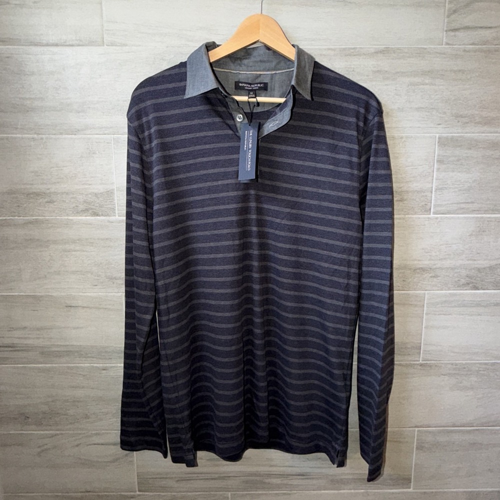 Banana Republic Luxury Touch Polo Men's Size M Long Sleeve Polo Shirt Blue Gray